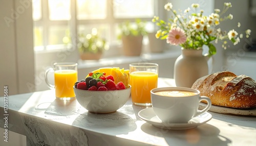 Wallpaper Mural Mesa con desayuno saludable bol de frutas frescas, café en taza de cerámica, jugo natural, pan artesanal, estilo minimalista, fondo luminoso con luz de la mañana Torontodigital.ca