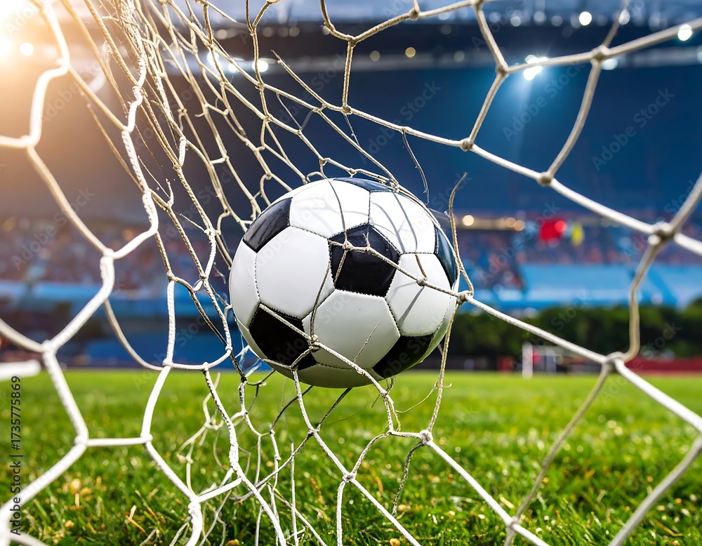 Naklejka premium Soccer ball in a stadium net