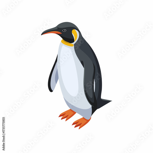 Penguin standing upright with orange feet and a yellow neck.