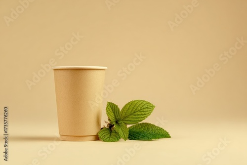 Recycled paper coffee cup sits beside vibrant green leaves on a neutral backdrop, showcasing sustainability and eco-friendly choices.