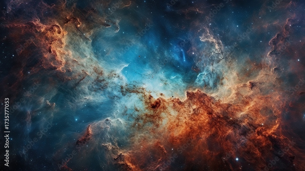 Fototapeta premium Majestic Cosmic Canvas of Blue and Orange Stellar Nebula Intertwined with Dark Matter Clouds