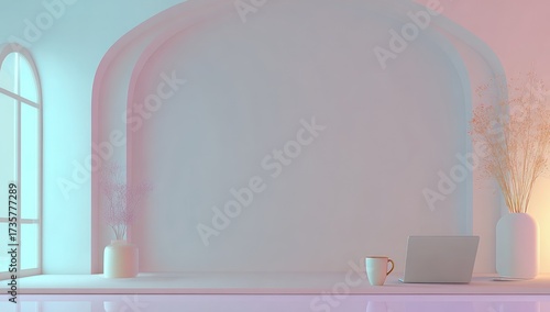 Pastel-toned, minimalist interior scene with arched windows, a neutral color palette, and a modern laptop.