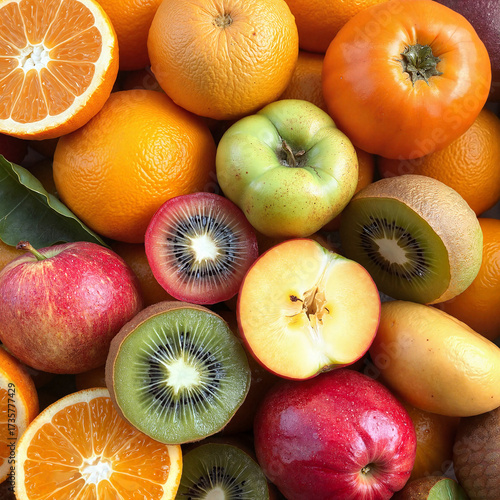 Colorful assortment of fresh fruits including oranges, apples, and kiwis, a source of natural energy