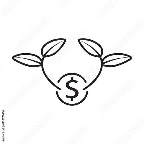 Line icon of a dollar sign framed by leaves, symbolizing green finance. Ideal for illustrating sustainable investment, eco-economics, environmental profit, and renewable wealth in websites and apps.