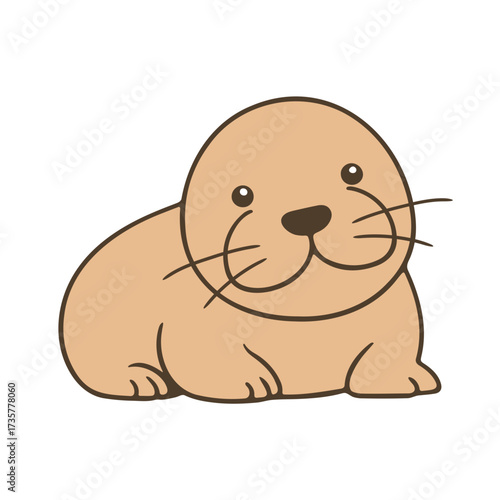 Illustration of a cartoon seal with a light brown body lying down on a white background image