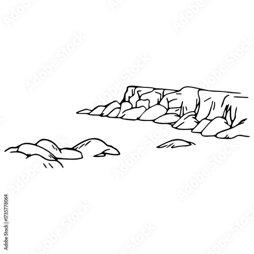 Illustration of a rocky coastline with a cliff and some smaller rocks on the shore line in black and white