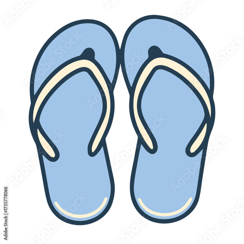 Illustration of a pair of light blue flip flops with white straps and dark blue outlines on a white background