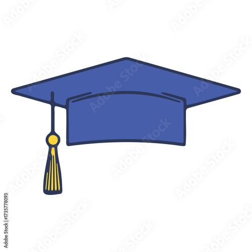 Illustration of a blue graduation cap with a yellow tassel on a white background image view