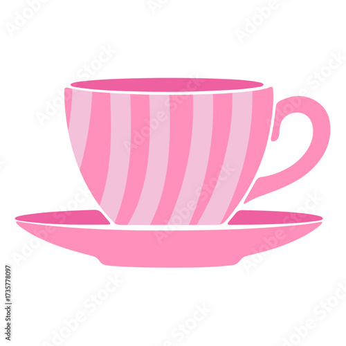 Illustration of a pink striped teacup sitting on a pink saucer with a white background scene design