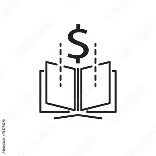 Line icon of an open book with dollar signs, symbolizing financial education. Ideal for illustrating money management, investment learning, economic studies, and financial literacy.