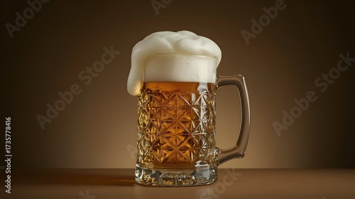 Glass Beer Mug with Golden Lager and Foamy Head Overflow, Classic Brewery and Pub Drink Concept