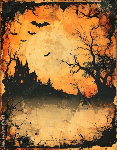 Grunge retro Halloween wallpaper with haunted house and bats on faded orange texture