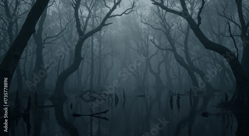 Mysterious Forest Swamp with Fog