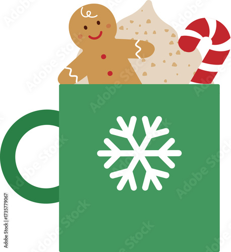 Illustration of a green mug with snowflakes, a gingerbread man, candy canes, and whipped cream.
Winter Christmas drink and sweet flat stock vector. illustration.
Transparent background.