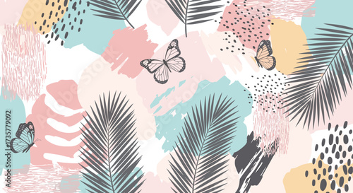 Abstract tropical pattern with palm leaves and butterflies and pastel brush strokes.