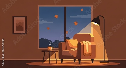 Cozy living room with armchair and autumn view from window. Seasonal home interior. Warm fall decor and comfortable atmosphere illustration