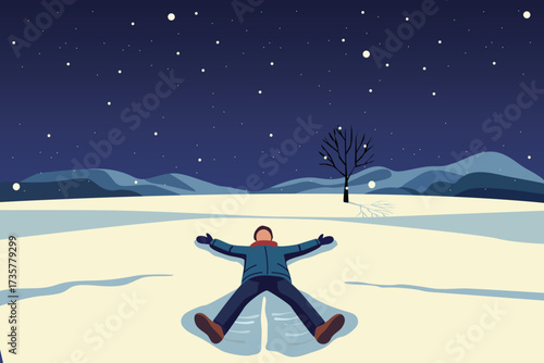 introvert life concept, winter greeting card, happy man - woman lying on snow alone in calm night , vector cartoon