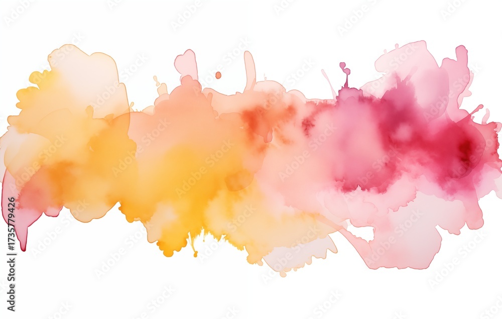 Fototapeta premium Colorful watercolor splash with pink, orange, and yellow hues blending seamlessly against a white background
