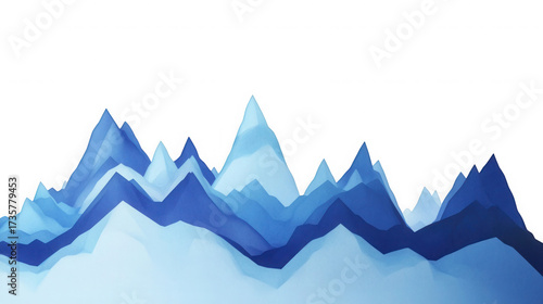 Abstract low poly mountain range in shades of blue against a black backdrop on transparent background