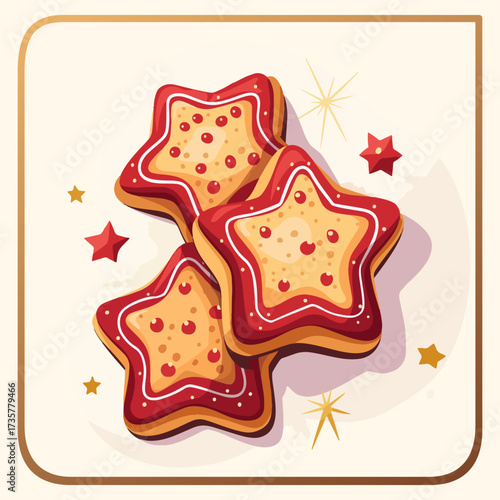 Starshaped gingerbread cookies vector icon. Delightful cartoon illustration of a gingerbread cookie in the classic star shape for Santa Claus. Decorated with white and red icing 