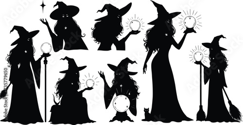 Mystical witch vector illustration with magic crystal ball, broomstick, pointed hat, starry silhouette, fortune telling, Halloween sorcery, enchanted occult design.