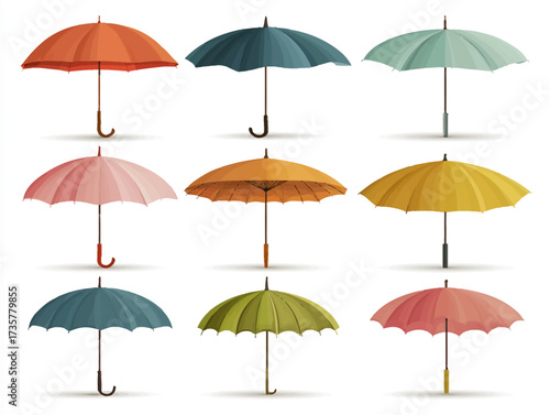 A lively set of 9 colorful umbrellas in soft pastel and bold shades, created in a modern vector flat style. Ideal for graphic design, weather icons, fashion accessories, or promotional materials