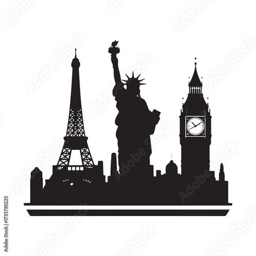 Famous World Landmarks Silhouettes Travel Design Featuring Eiffel Tower Big Ben.
