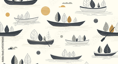 A charming collection of boats on a calm river with stylized trees and sun.