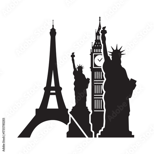 Famous World Landmarks Silhouettes Travel Design Featuring Eiffel Tower Big Ben.