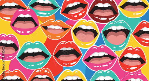 A vibrant collage of colorful open mouths with teeth and tongues on a bright abstract background.