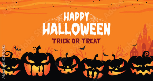 Happy Halloween greeting with glowing jack-o’-lanterns, haunted house, bats, and spooky orange night background.