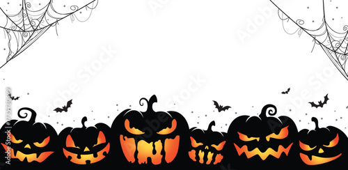 Spooky Halloween background with glowing jack-o’-lanterns, spider webs, and flying bats – perfect for festive designs.