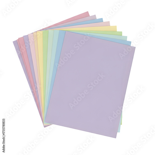 A fan of pastel colored paper sheets fanned out in a stack isolated on transparent background