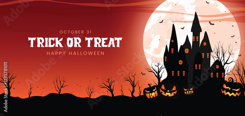 rick or Treat Halloween background with haunted castle, glowing pumpkins, full moon, and eerie red night sky.