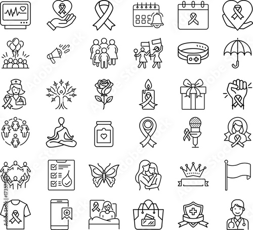 collection line icons breast cancer awareness support pink october