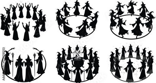 Mystical witches circle vector illustration with cauldron, magical ritual dance, occult ceremony, Halloween silhouettes, enchanted sorcery, and dark coven design.