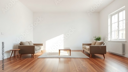 Minimalist living room with clean white walls and warm wood flooring, featuring mid-century modern furniture and soft natural light.
