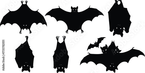 Scary bat silhouettes flying and hanging upside down, perfect for Halloween decorations, horror designs, haunted house themes, and spooky projects.