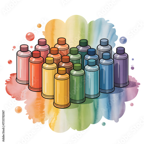 Collection of colorful spray paint cans arranged in a rainbow gradient on a splatter of watercolor paint isolated on transparent background
