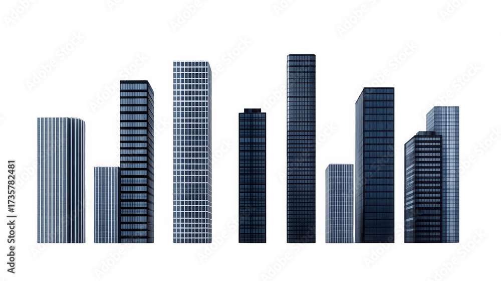 Obraz premium Modern city skyline featuring various skyscrapers against a stark black backdrop on transparent background