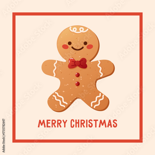 Christmas greeting card with a cute gingerbread man. Christmas gingerbread cookies drawn in a simple, childish style.