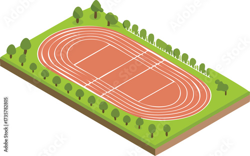 Isometric view of an athletic running track, surrounded by green grass and trees for sports activities
