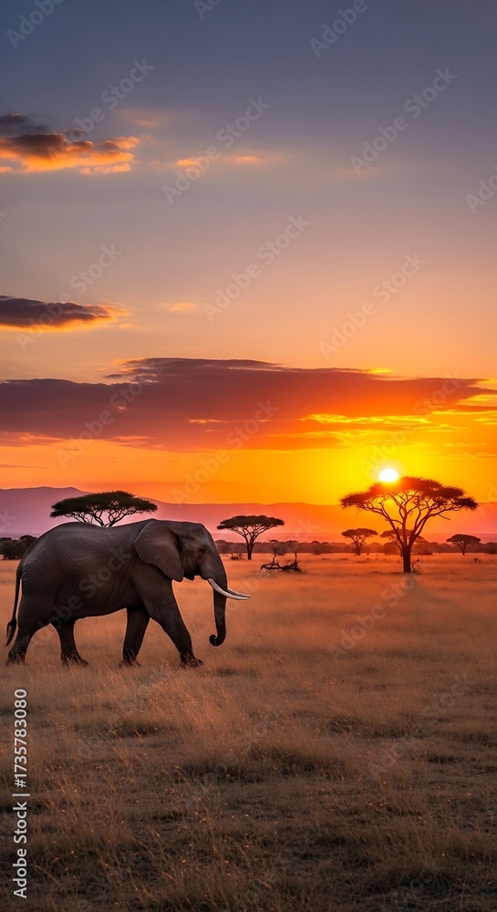 Fototapeta premium African Elephant at Sunset in Savanna.