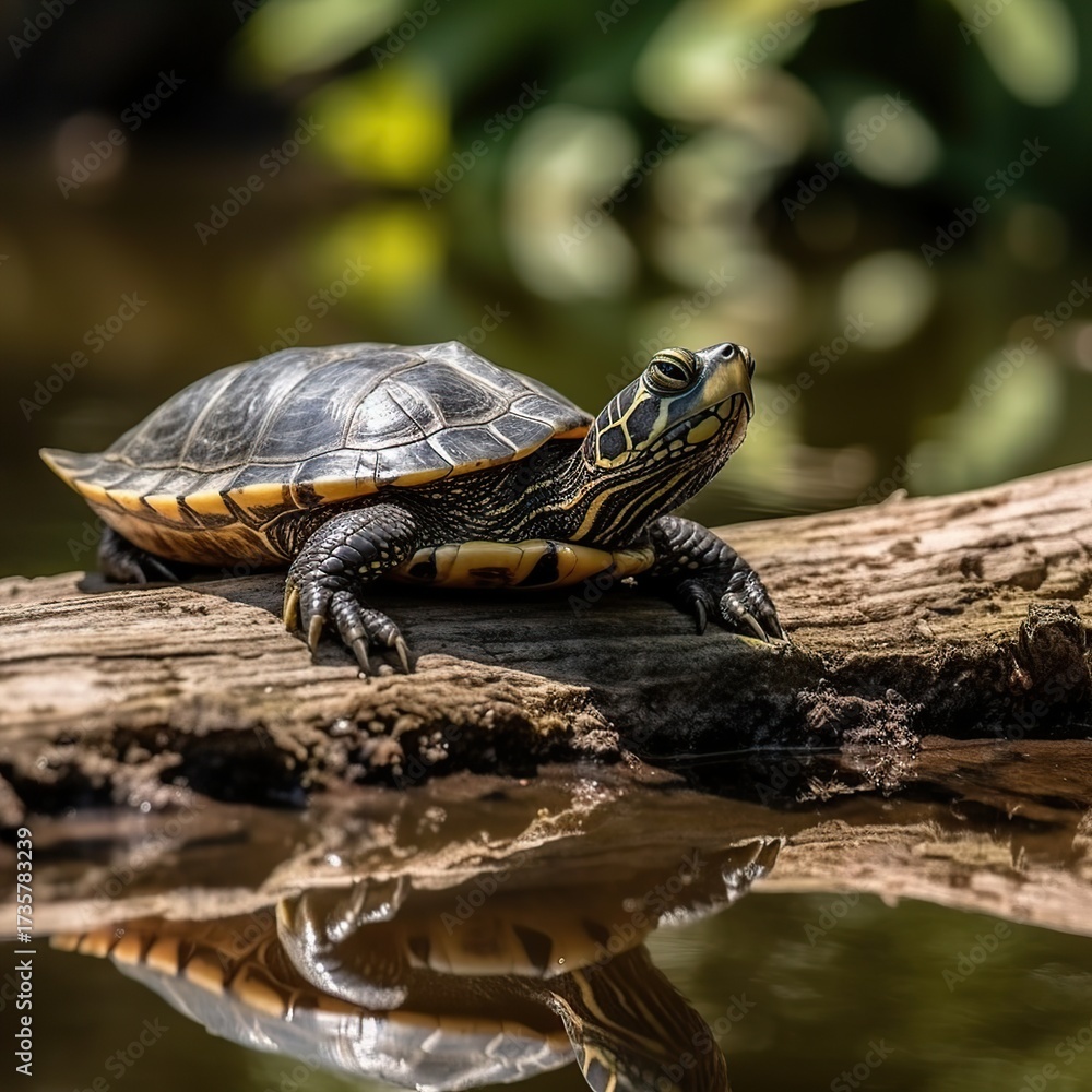 Obraz premium Small Yellow-Bellied Slider Turtle Basking on a Sunlit Wooden Log Above Water