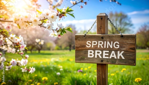 Spring blossoms and a wooden sign announcing spring break
