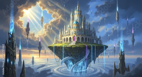 A premium fantasy illustration of a majestic floating palace in the sky, surrounded by glowing crystal towers and magical sunlight.