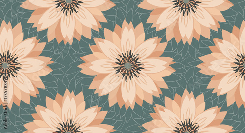 A repeating pattern of large peach colored daisy like flowers with dark centers against a teal background with subtle speckles and texture.