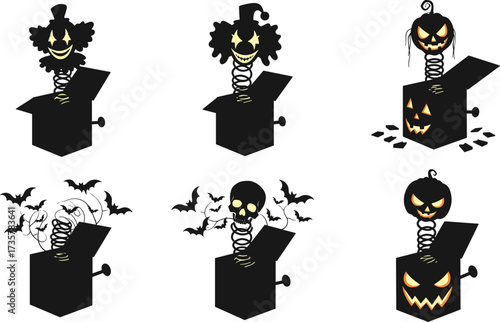 Scary Jack-in-the-box silhouettes with creepy clowns, skulls, pumpkins, and bats, ideal for Halloween horror decorations, parties, and designs.