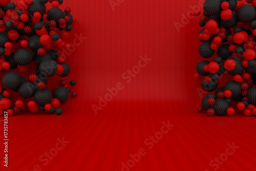 3D abstract composition of red, white and black spheres