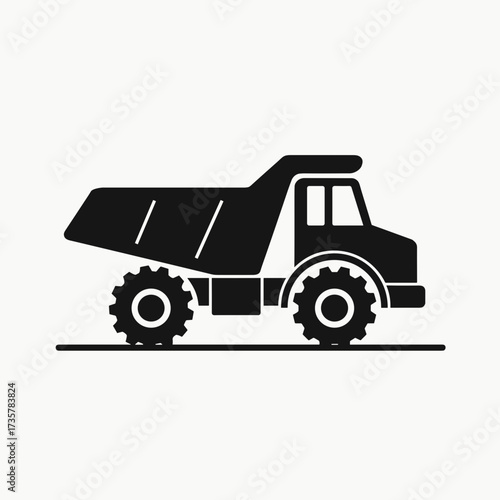 Silhouette dump truck with large wheels for construction projects. Dump truck design features simple black lines, a cabin, and a large load bed, indicating it is ready for construction works.